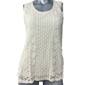 Solitaire Womens Ivory Cream Crochet Sleeveless Top Medium Tank Lace Cottage